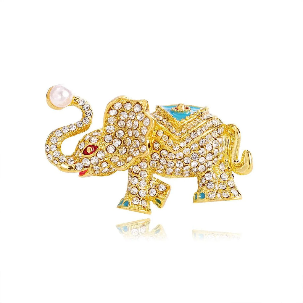 Luxury Rhinestone Elephant Brooch With Enamel Saddle And Faux Pearl, Elegant Animal Lapel Pin Corsage Gift