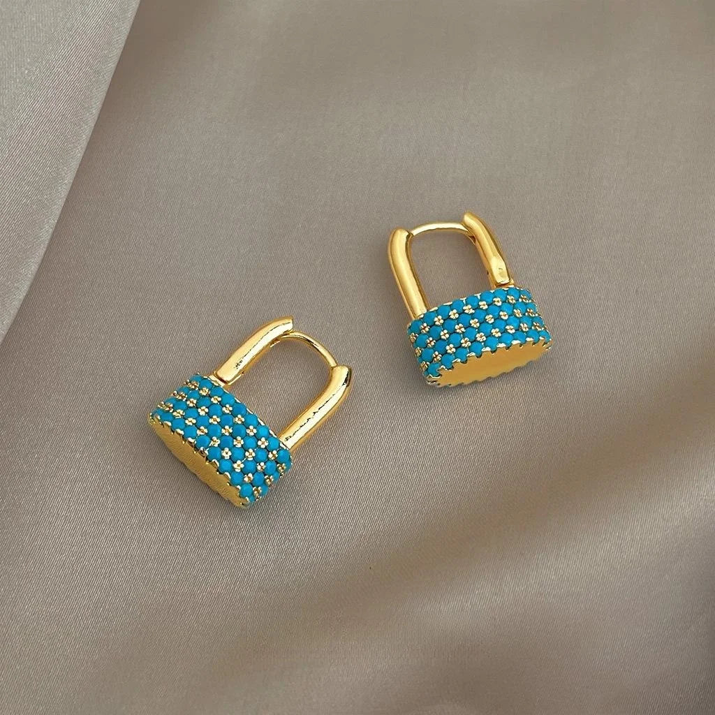 Luxury Style Eco Copper Malachite Full Zircon U Shaped Lock Drop Earrings For Women
