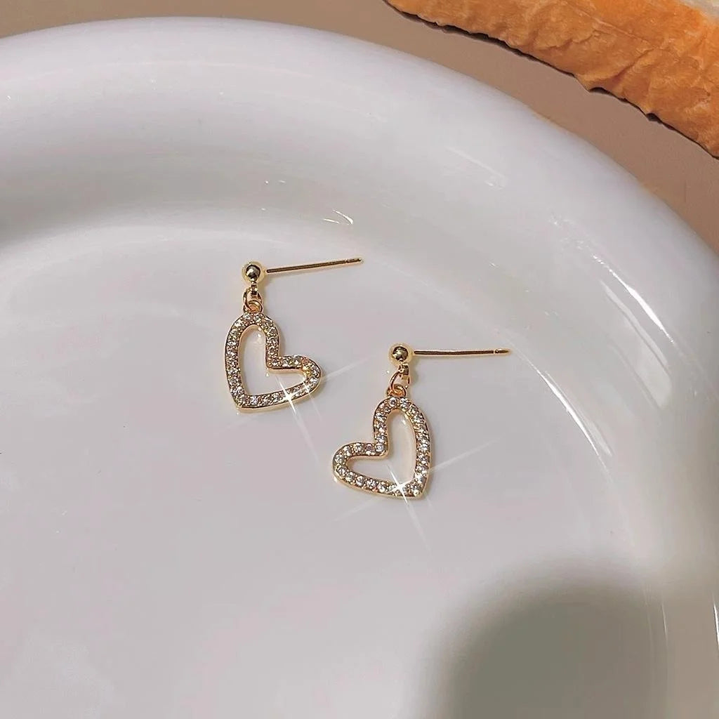 Minimalist Copper Micro Pave Zircon Mini Hollow Heart Stud Earrings For Women