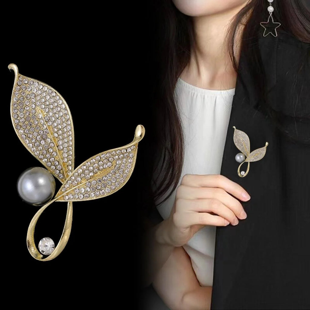 Elegant Double Leaf Pearl Rhinestone Brooch For Women, Gold Alloy Lapel Pin Corsage Suit Accessory Gift