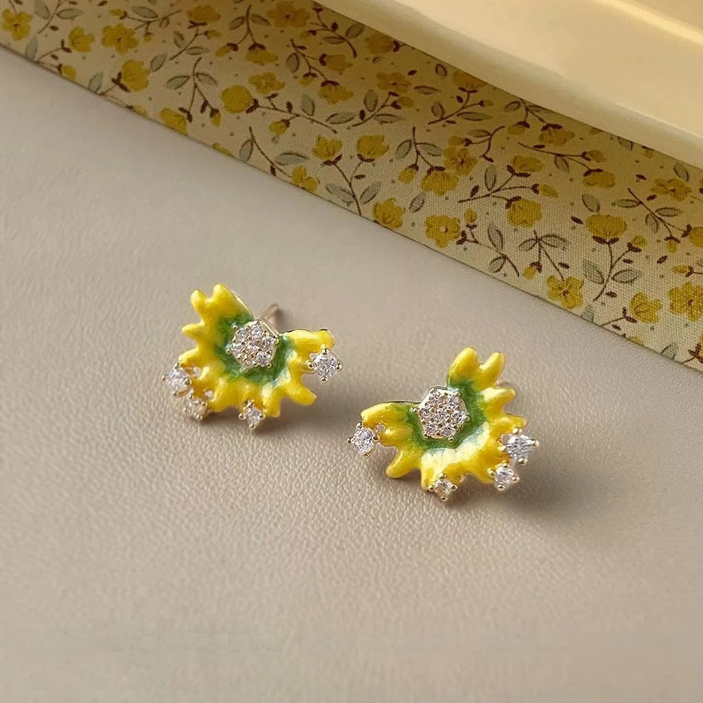 Hand Painted Sunflower Stud Earrings Micro Pave Zircon Copper Fashion Jewelry