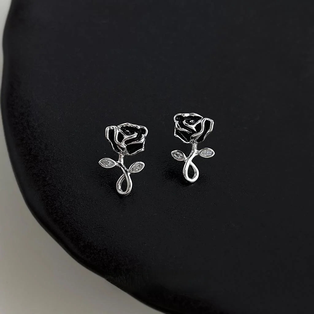 Black Rose Hand Painted Copper Zircon Micro Pave Mini Flower Stud Earrings Luxury Style