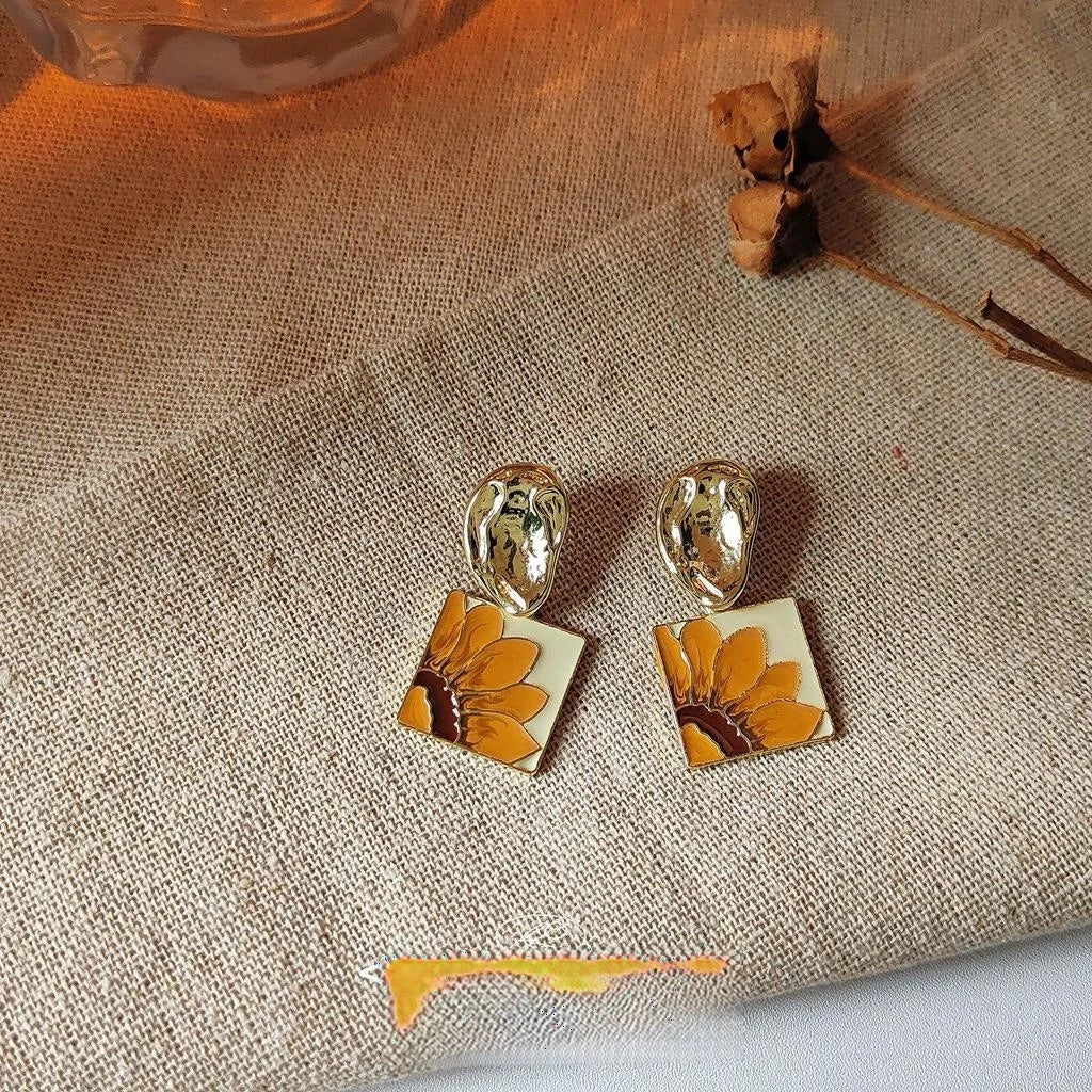 14K Plated Metal Sunflower Floral Stud Earrings With Silver Plated Pins For Women
