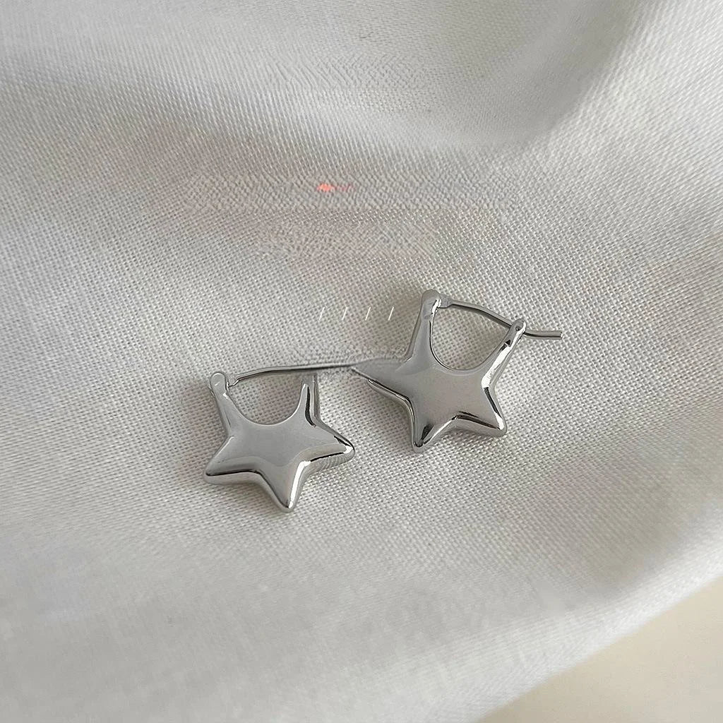 Sweet Cool Silver Tone Copper Five Point Star Stud Earrings Trendy Minimalist Fashion Jewelry