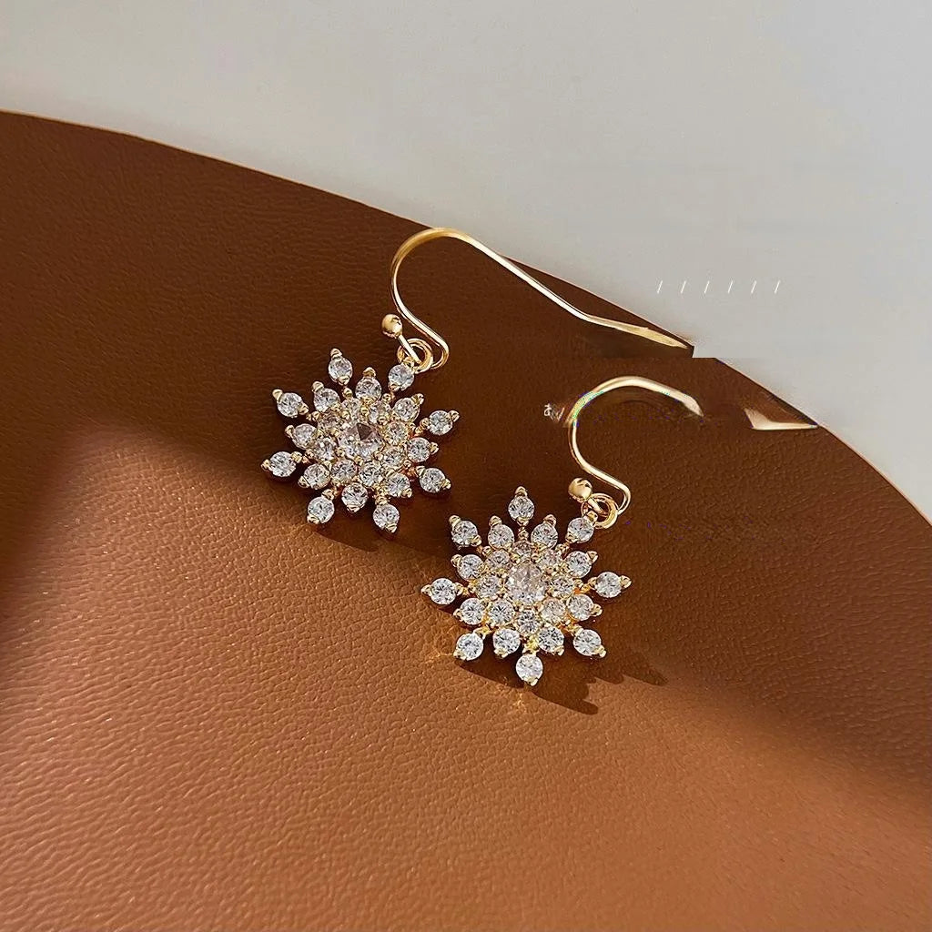 14K Gold Plated Copper Snowflake Micro Pave Zircon Drop Earrings Elegant Luxury Style
