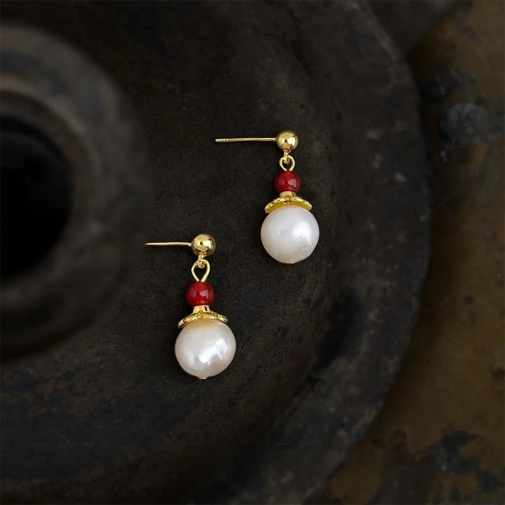 Vintage Baroque Natural Freshwater Pearl Geometric Round Drop Earrings For Women