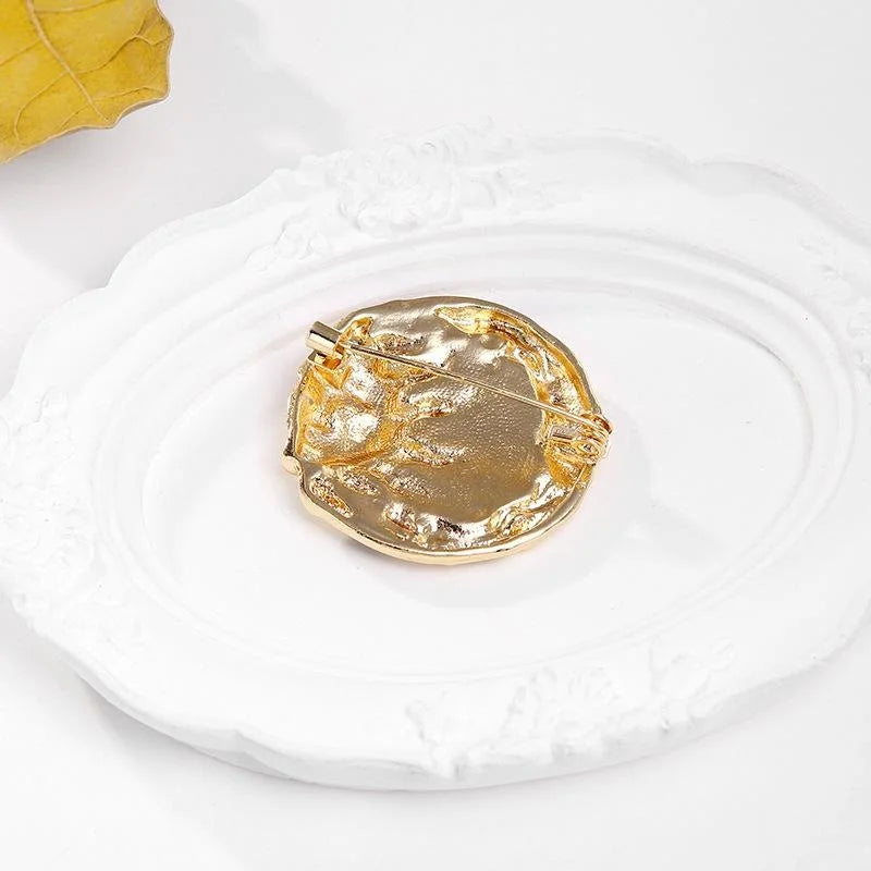 Elegant Enamel Sun And Moon Goddess Brooch, Gold Tone Alloy Celestial Face Lapel Pin Suit Accessory