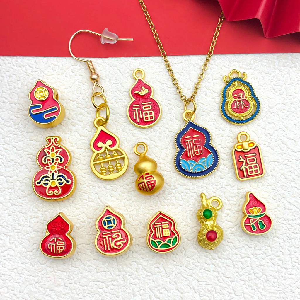 Ancient Gold Zinc Alloy Gourd Fu Character Bead for Bracelet Necklace DIY