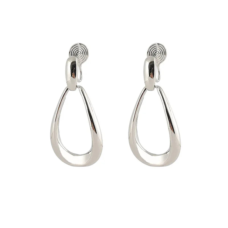 Elegant Minimalist Silver Alloy Teardrop Hoop Stud & Clip On No Piercing Geometric Drop Earrings