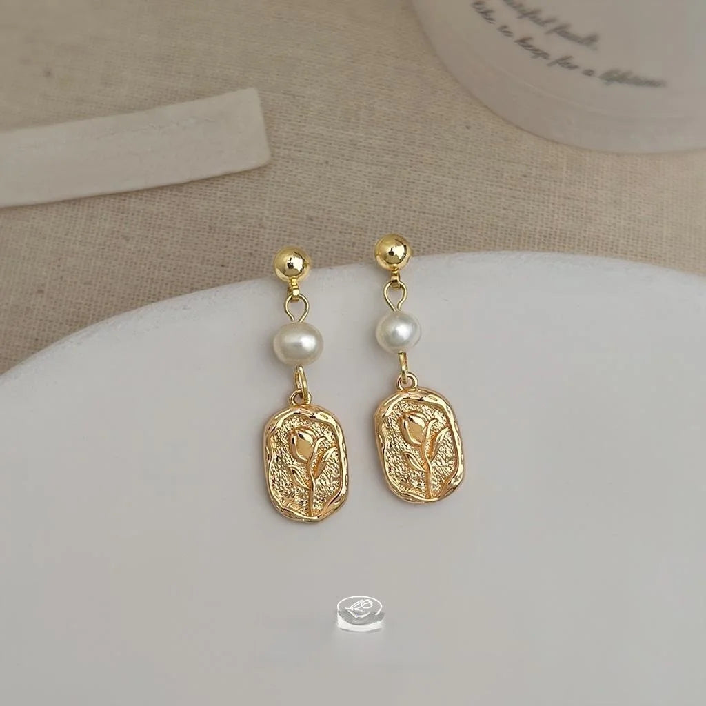 Natural Freshwater Pearl Tulip Flower Drop Earrings Vintage Rose Floral Jewelry