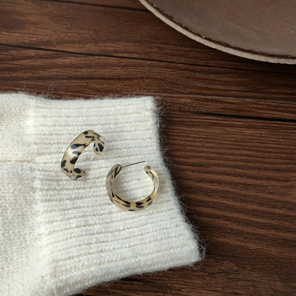 Korean Style Leopard Print Acrylic C Hoop Earrings With Silver Plated Pins