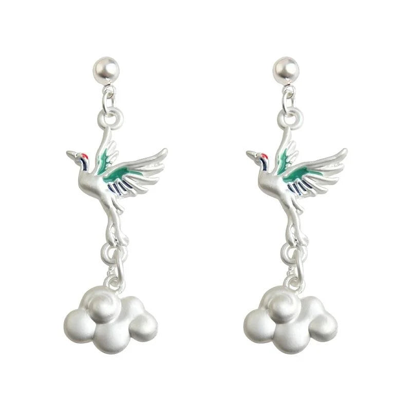 New Chinese Style Copper Crane Cloud Long Tassel Drop Earrings