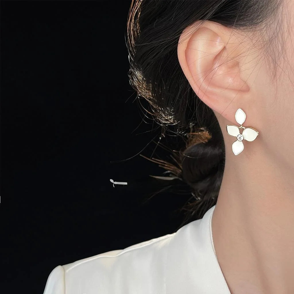 Elegant French White Iris Flower Enamel Zircon Copper Stud Earrings With Silver Plated Pins