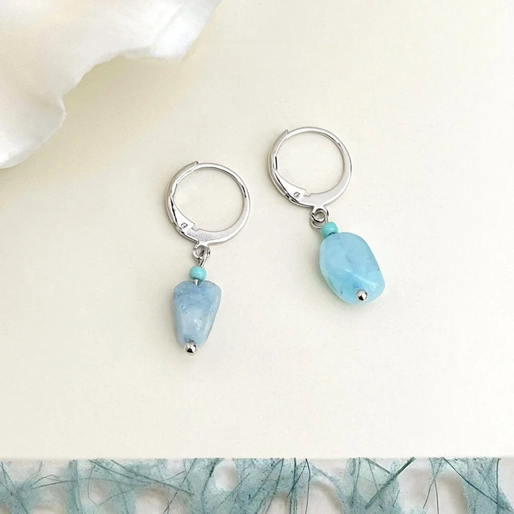 Fresh Blue Crystal Chip Drop Earrings Copper Irregular Geometric Natural Stone Vacation Style