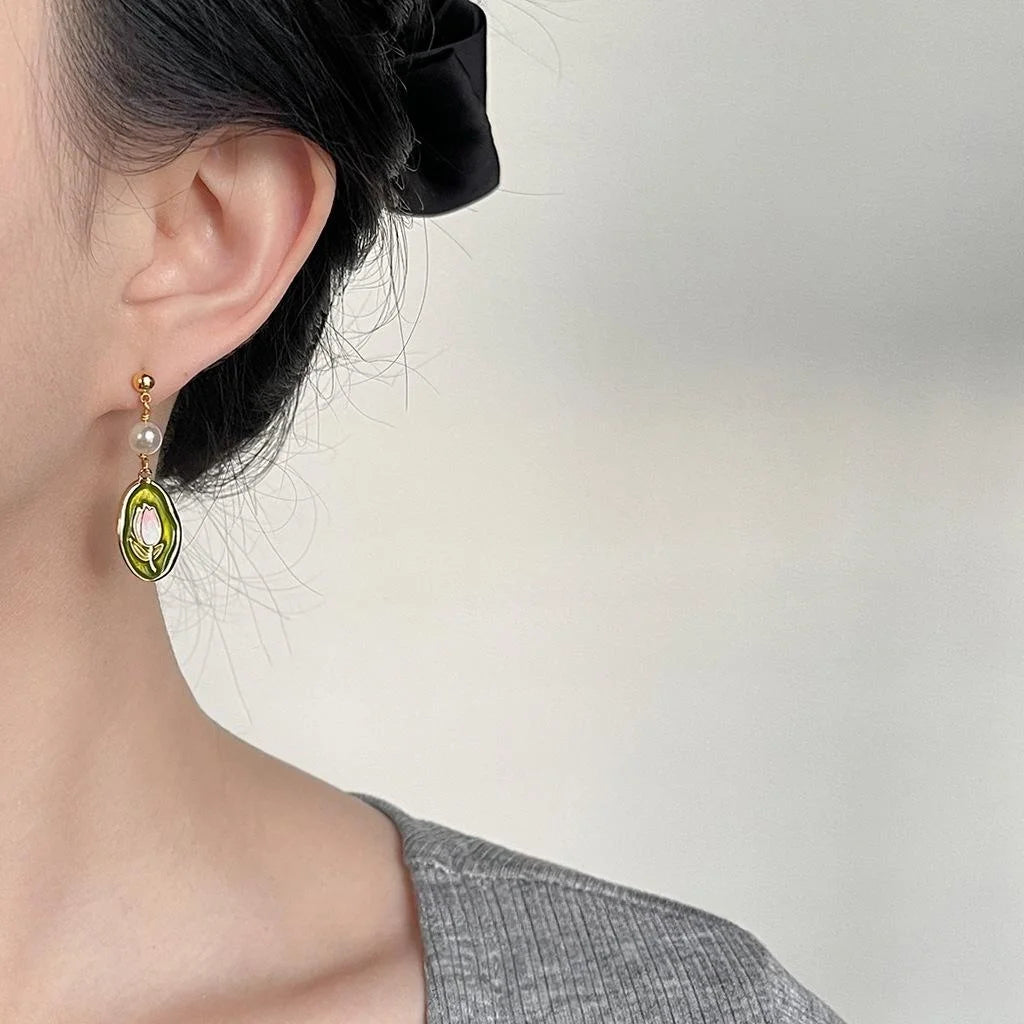14K Gold Plated Copper Enamel Tulip Drop Earrings With High Luster Pearl Sweet Handmade Floral Jewelry