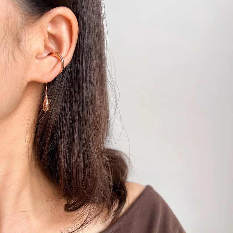 Elegant Alloy Ear Cuff Chain Tassel Water Drop Stud & Clip On No Piercing Long Dangle Earrings