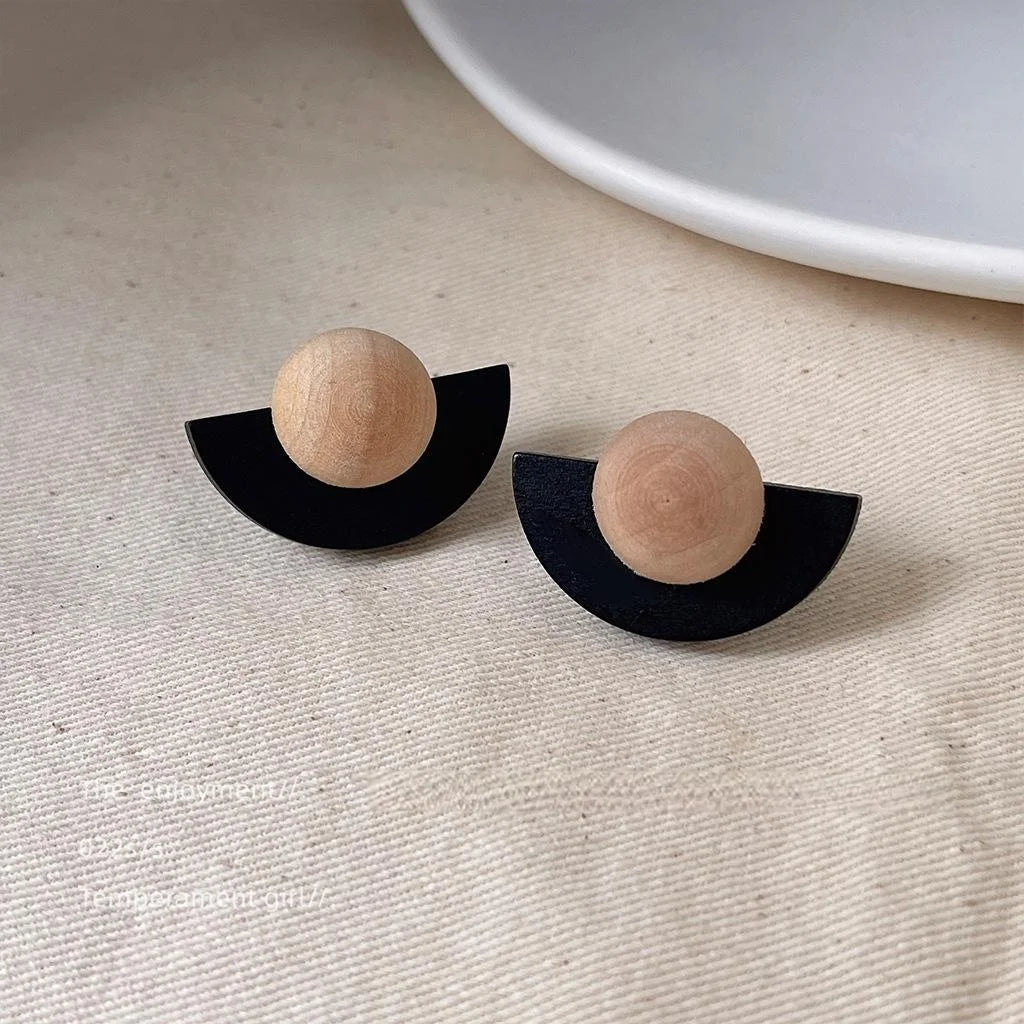Premium Artistic Geometric Half Circle Wooden Stud Earrings With Silver Plated Pins