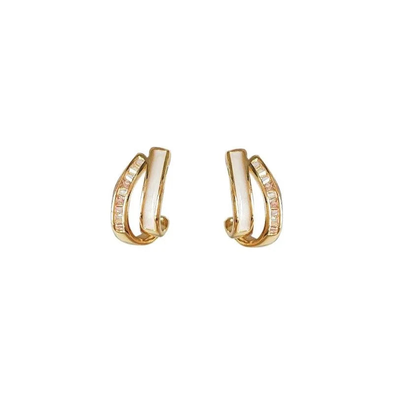 14K Plated Geometric Cross Zircon Stud Earrings Asymmetric Korean Style