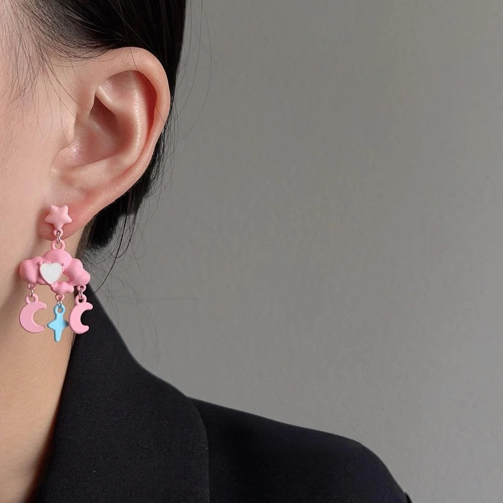 Cute Colorful Alloy Cloud Star Moon Drop Earrings With Silver Plated Pins