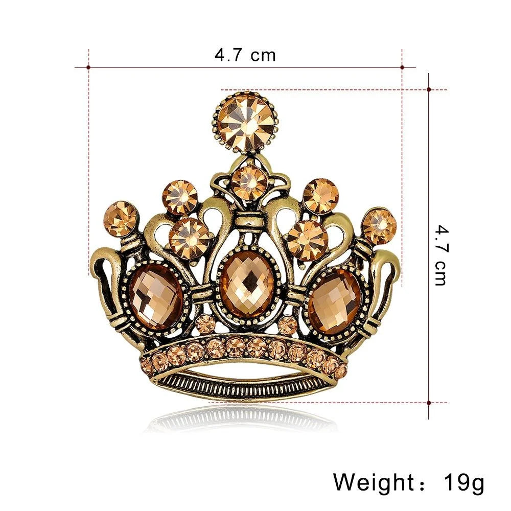 Vintage Hollow Crown Brooch With Amber Rhinestones, Elegant Alloy Lapel Pin For Suits And Gifts