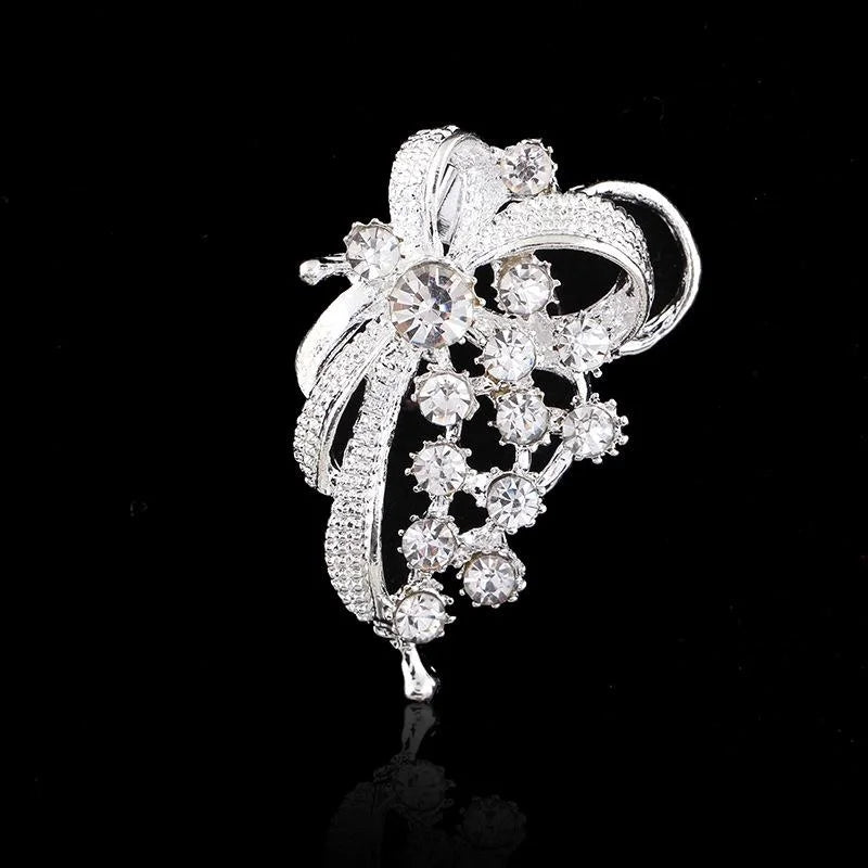 Elegant Silver Plated Rhinestone Bow Brooch, Sweet Butterfly Knot Lapel Pin Scarf Buckle Suit Accessory