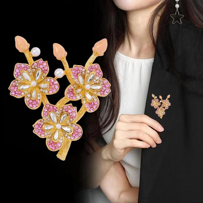 Elegant Peach Blossom Branch Brooch With Pink Rhinestones And Faux Pearls, Gold Alloy Lapel Pin Suit Accessory
