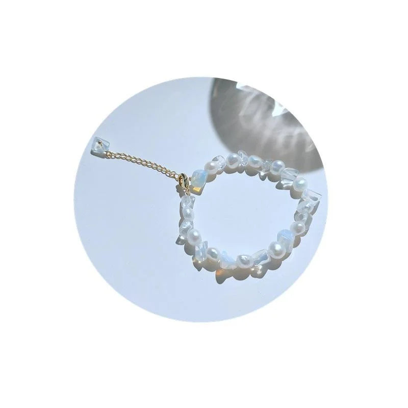 14K Gold Plated Glass Moonstone Pearl Bracelet French Vintage Geometric Circle Jewelry
