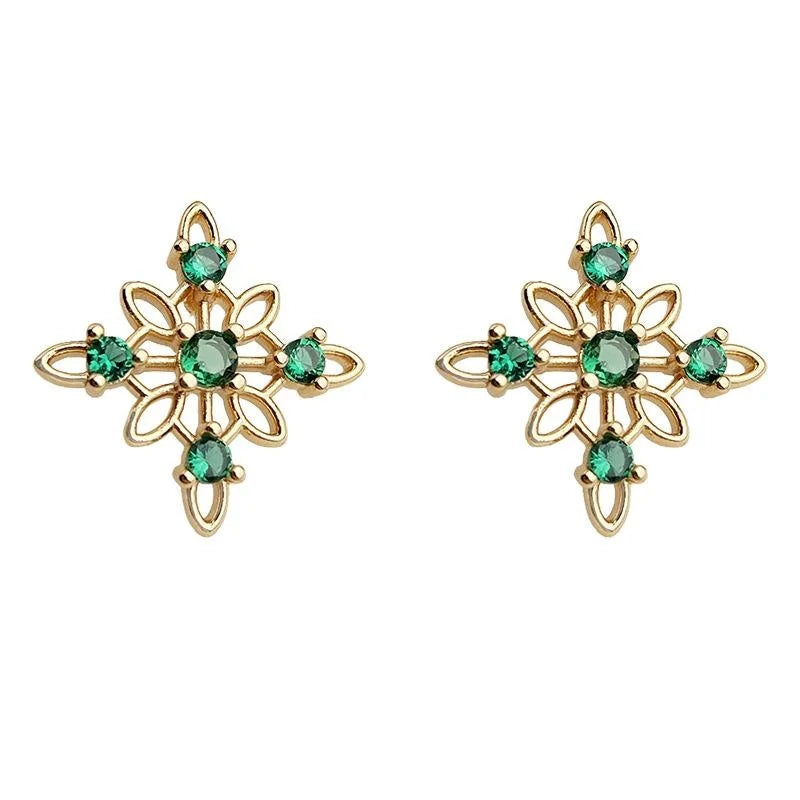 14K Gold Plated Copper Micro Pave Emerald Zircon Hollow Star Flower Stud Earrings