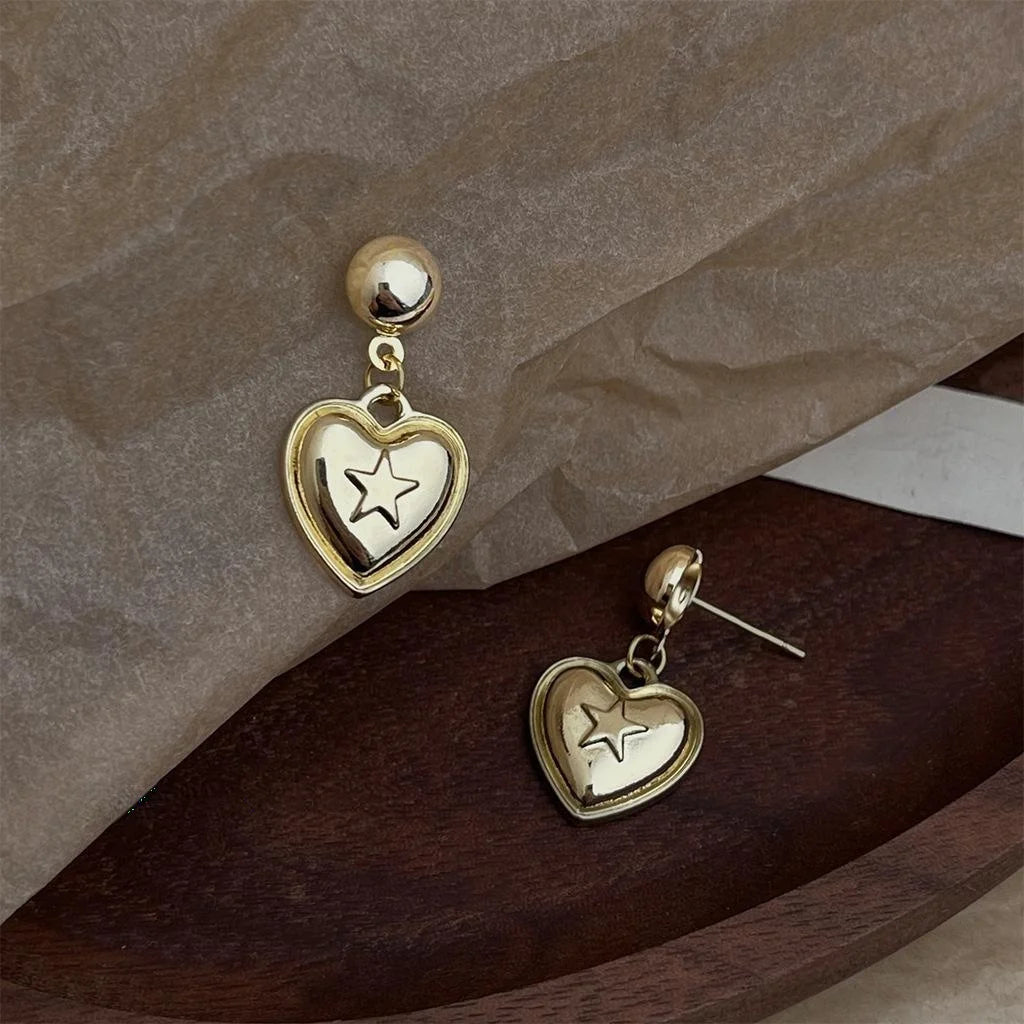 Vintage Heart And Star Stud Earrings Eco Friendly Copper Silver Plated Needle 3D Casual Jewelry