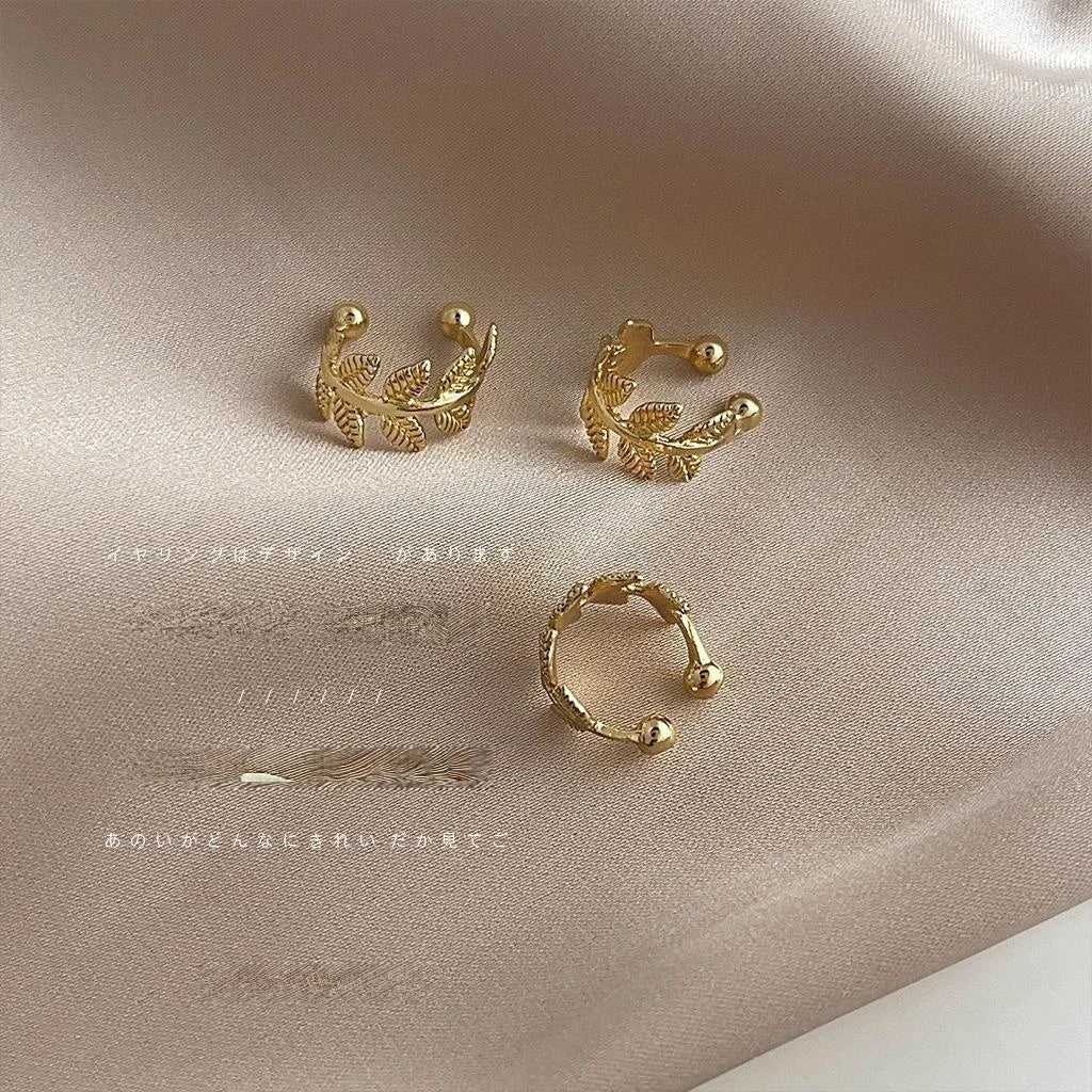 Non Pierced Real Gold Plated Copper Leaf Ear Clip Drop Earrings Korean Minimalist Style