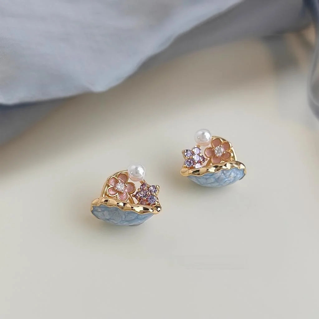 Pastoral Enamel Painted Flower Stud Earrings With Zirconia High Gloss Pearl Copper Jewelry