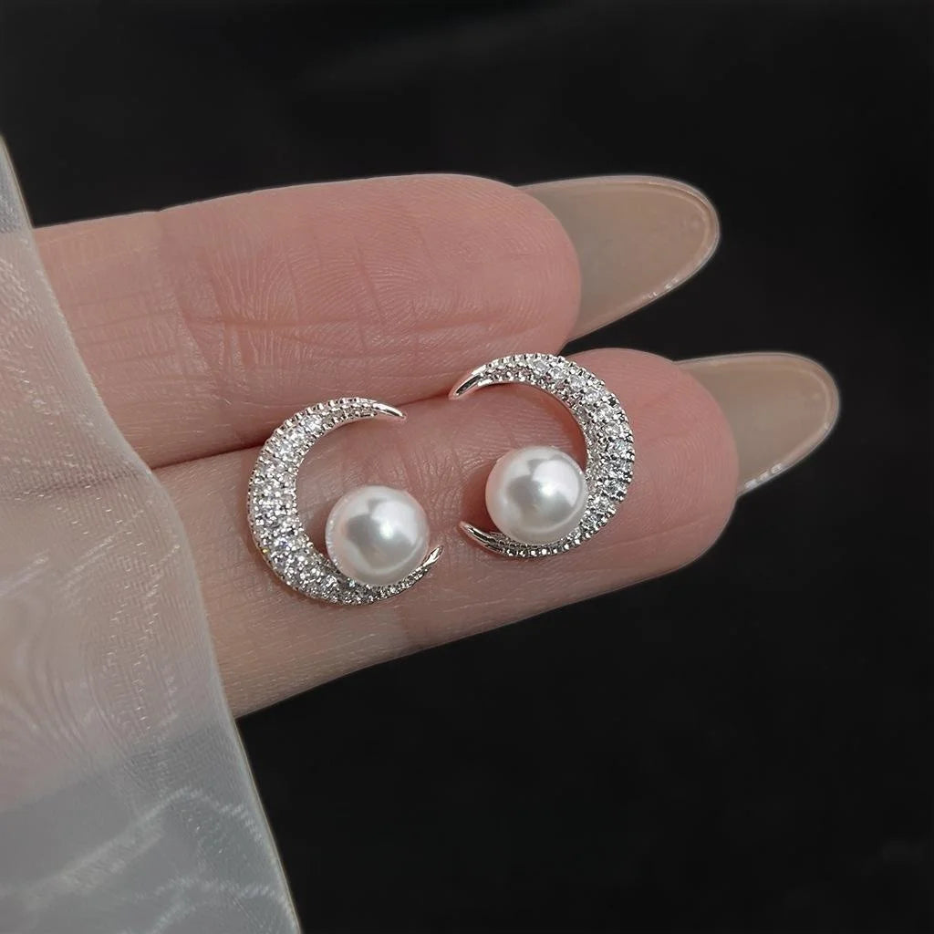 Copper Pearl Moon Stud Earrings Micro Pave Zircon Geometric Light Luxury Fashion Jewelry