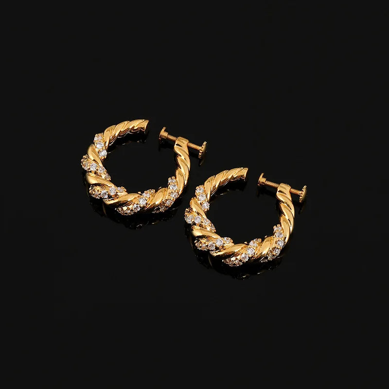 Luxury Gold Tone Twisted Hoop Zircon Alloy Stud & Clip On No Piercing Spiral Huggie Circle Earrings