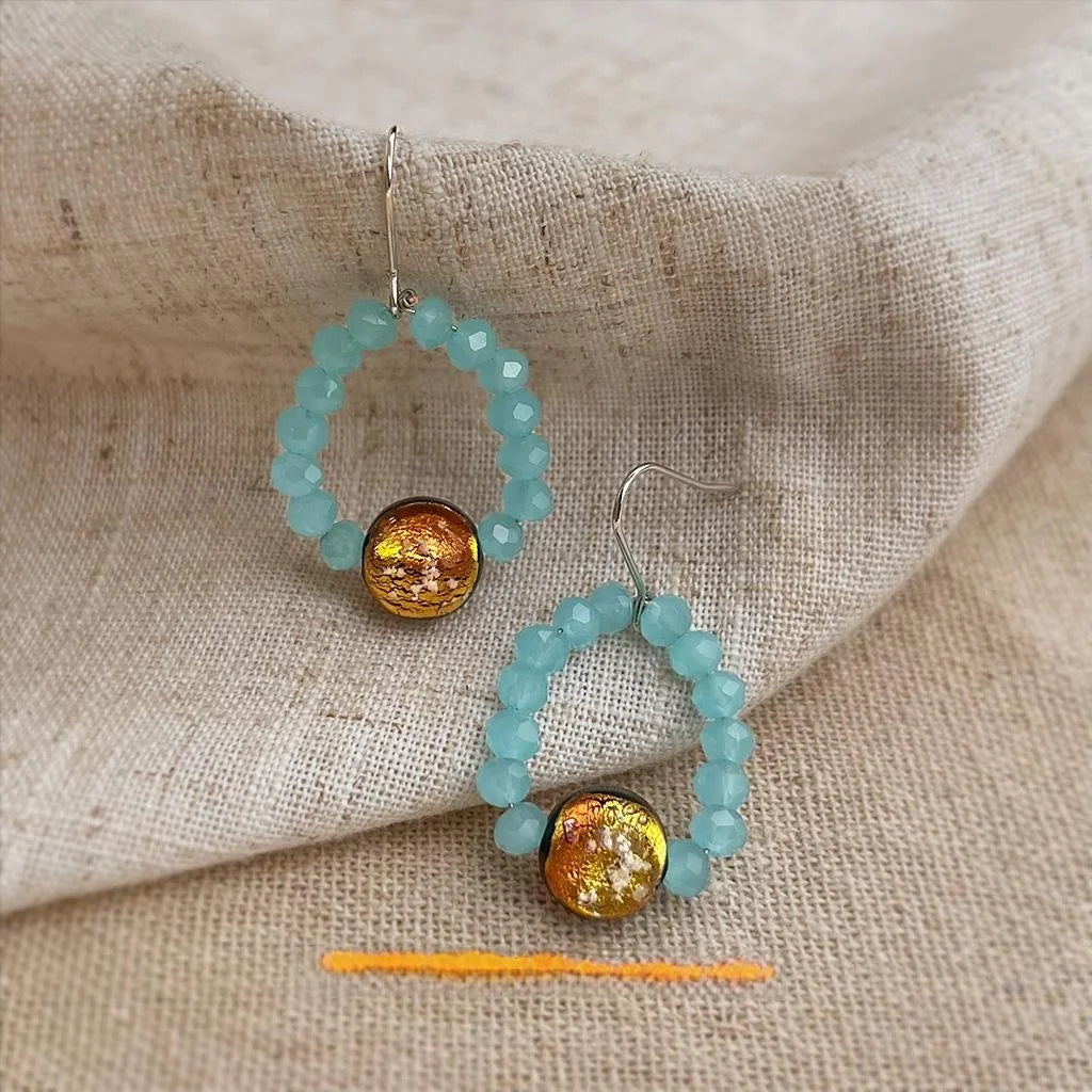 Aquamarine Glass Liuli Round Geometric Drop Earrings Vintage New Chinese Handmade Jewelry