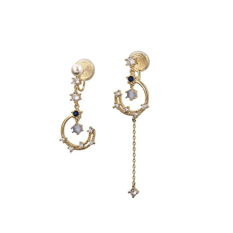Elegant Asymmetric Crescent Moon Cat Eye Pearl Rhinestone Tassel Stud & Clip On No Piercing Earrings