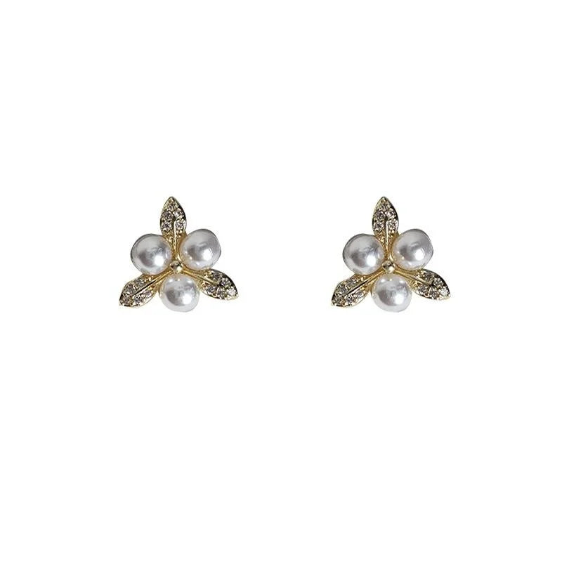 Minimalist Copper Stud Earrings, Micro Pave Zircon Pearl Leaf Triangle Design