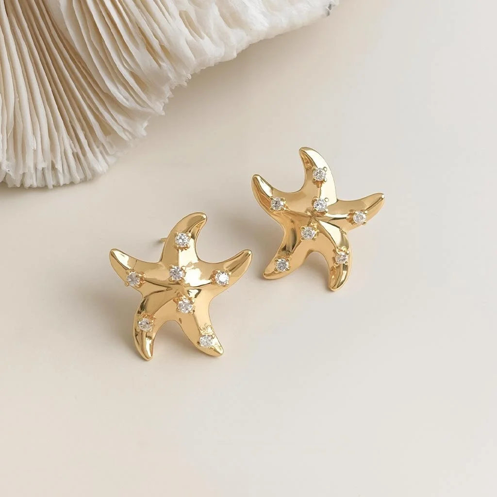 14K Gold Plated Copper Starfish Stud Earrings With Micro Pave Zircon Ocean Luxury Style