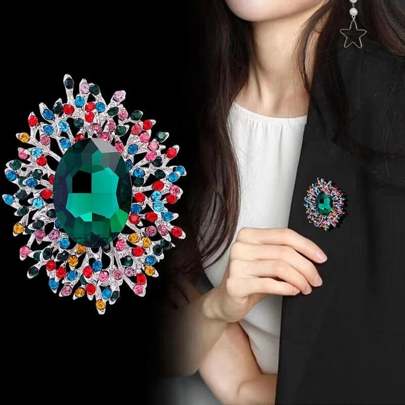 Luxury Blue Crystal Sunburst Brooch With Multicolor Rhinestones, Elegant Lapel Pin Corsage Gift