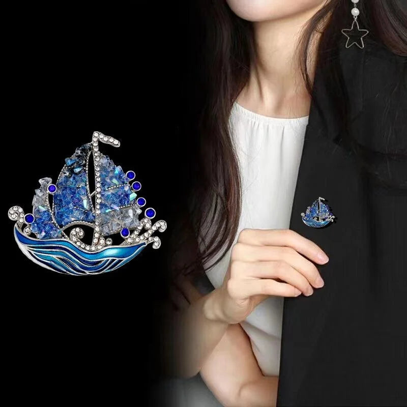 Luxury Blue Enamel Sailboat Brooch With Crystal Rhinestone Sails, Elegant Lapel Pin Corsage Gift