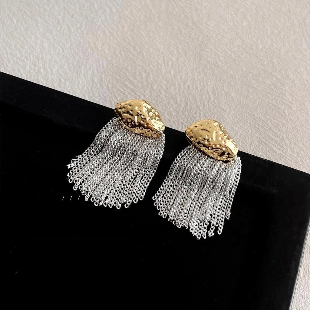 Elegant Geometric Metal Block Tassel Drop Earrings Copper Silver Plated Pin Evening Jewelry