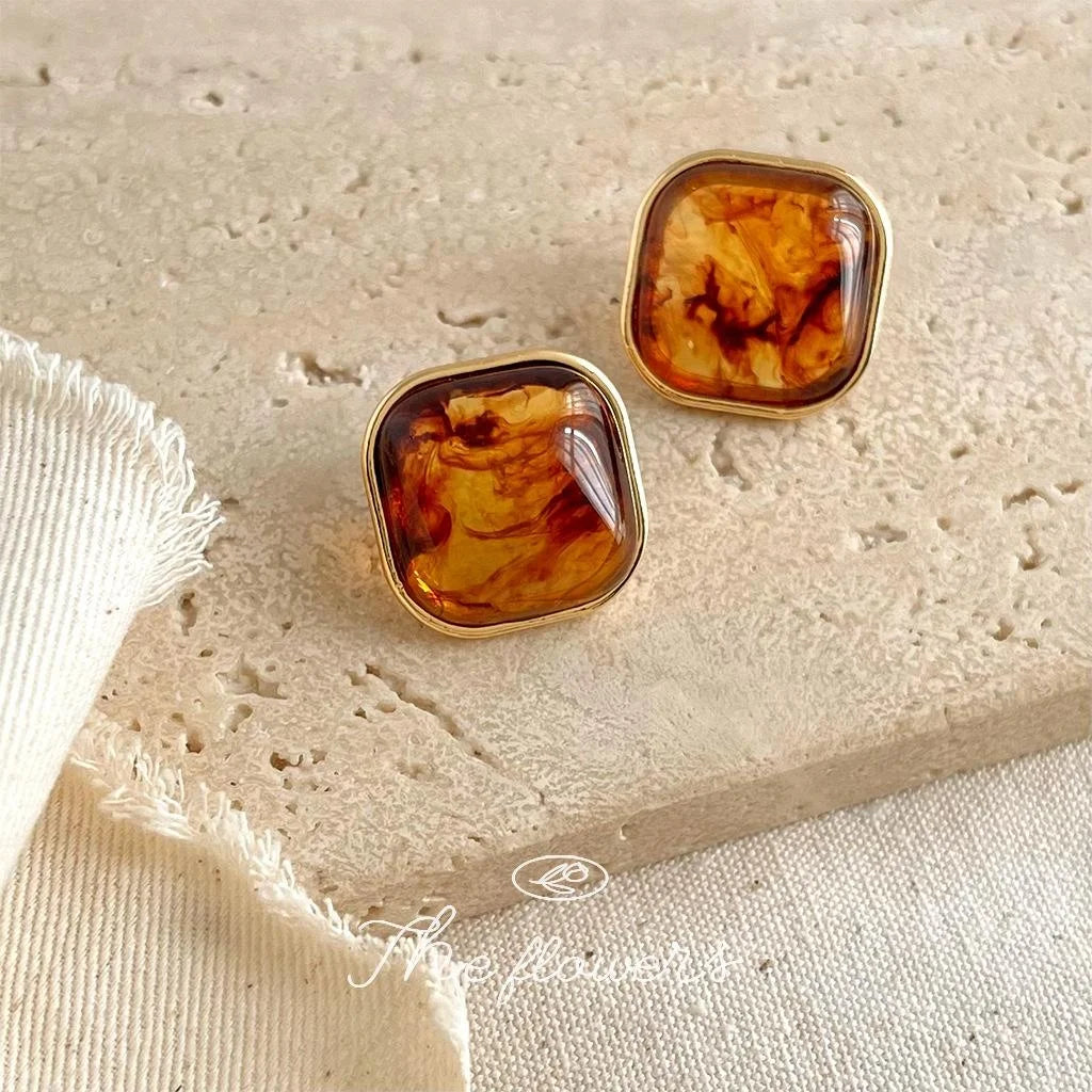 Vintage Maillard Style Amber Resin Square Stud Earrings 14K Gold Plated Copper
