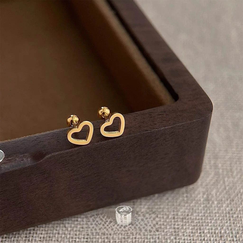 Copper Heart Screw Stud Earrings, Trendy Chinese Style Minimalist Anti-Loss Ear Jewelry