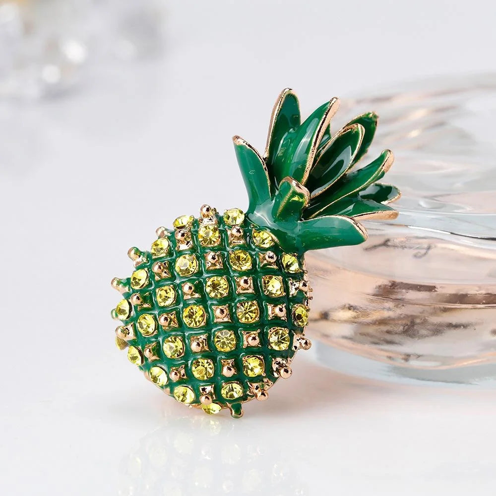 Luxury Green Enamel Pineapple Brooch With Rhinestone Alloy Lapel Pin Corsage For Women Suit Accessory Gift