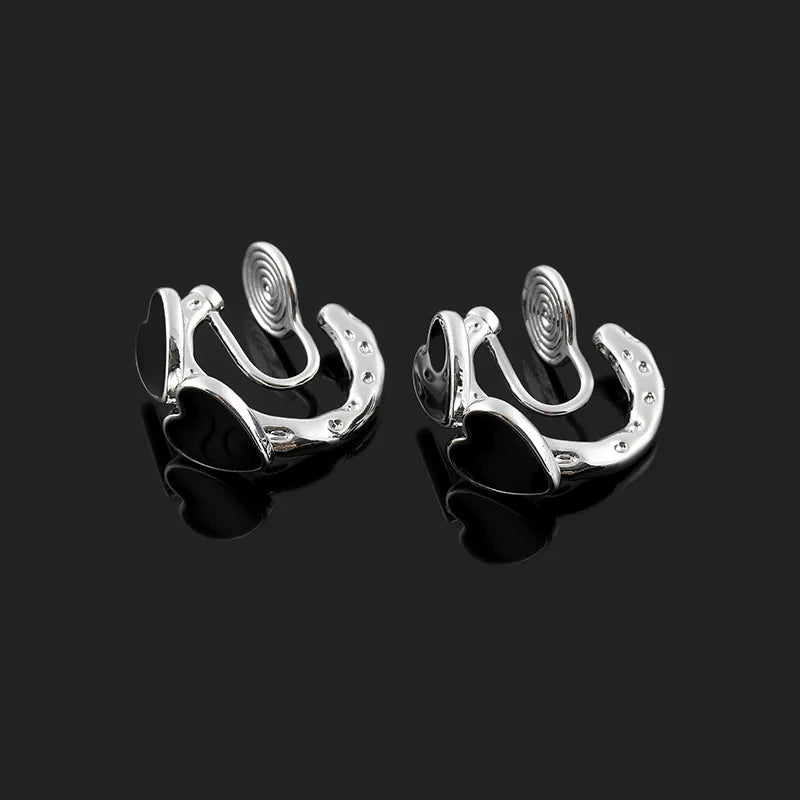 Vintage Black Enamel Heart C Hoop Alloy Stud & Clip On No Piercing Spiral Ear Cuff Earrings