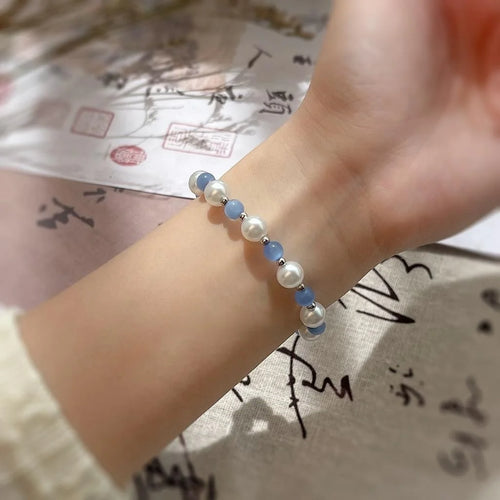 Glass Cat Eye Stone Crystal Bracelet With Glass Pearl Round Beads Fresh Sweet Summer Style