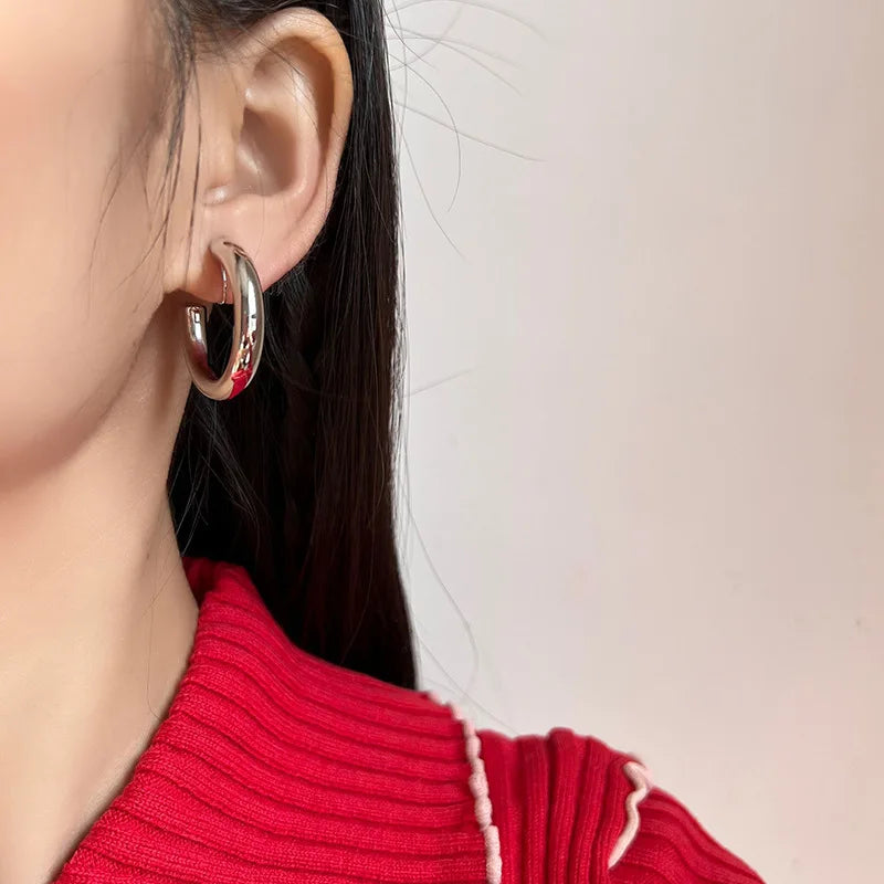 Elegant Chunky Gold Alloy Round Hoop With Spiral Disk Stud & Clip On No Piercing Hong Kong Style Earrings