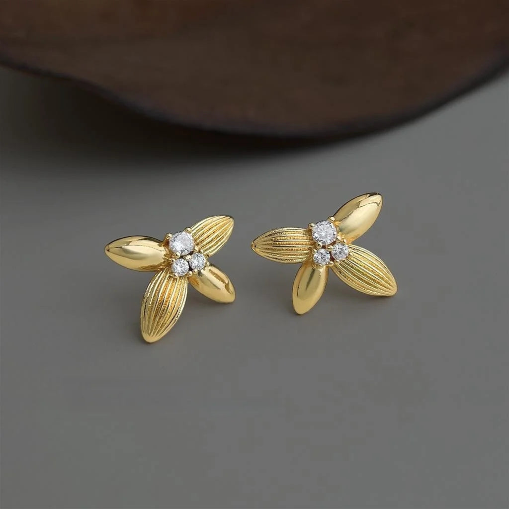 14K Gold Plated Copper Micro Pave Zircon Osmanthus Flower Leaf Stud Earrings High-End Fashion