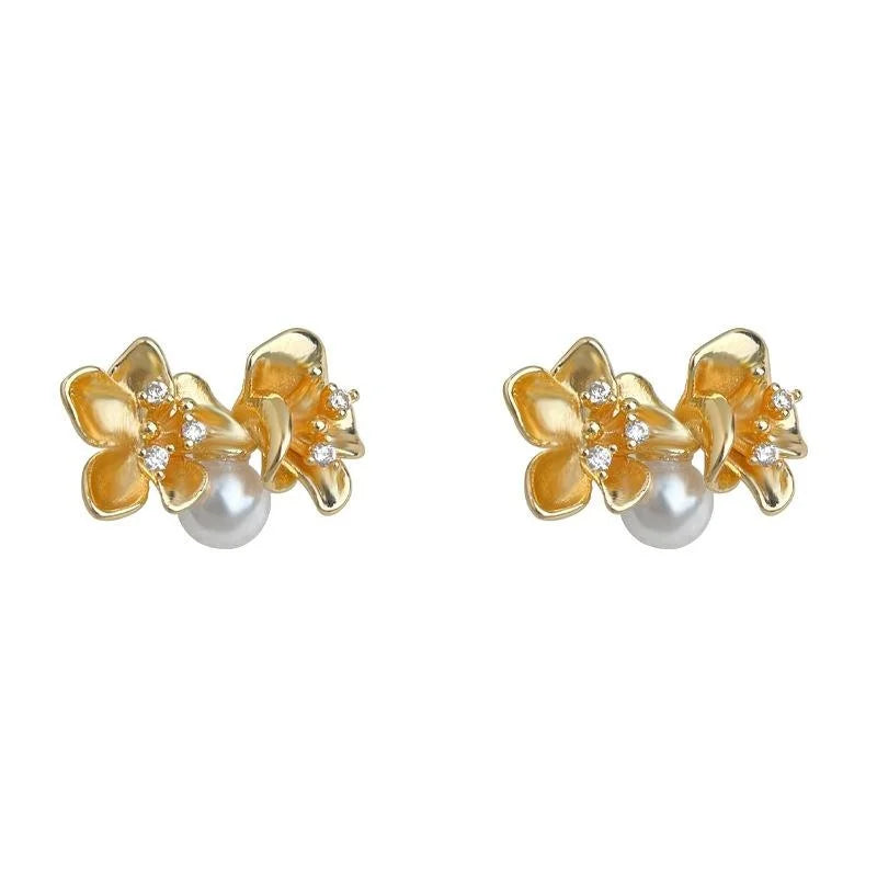 14K Plated Zircon Pearl Osmanthus Flower Stud Earrings Minimalist Luxury Floral Jewelry