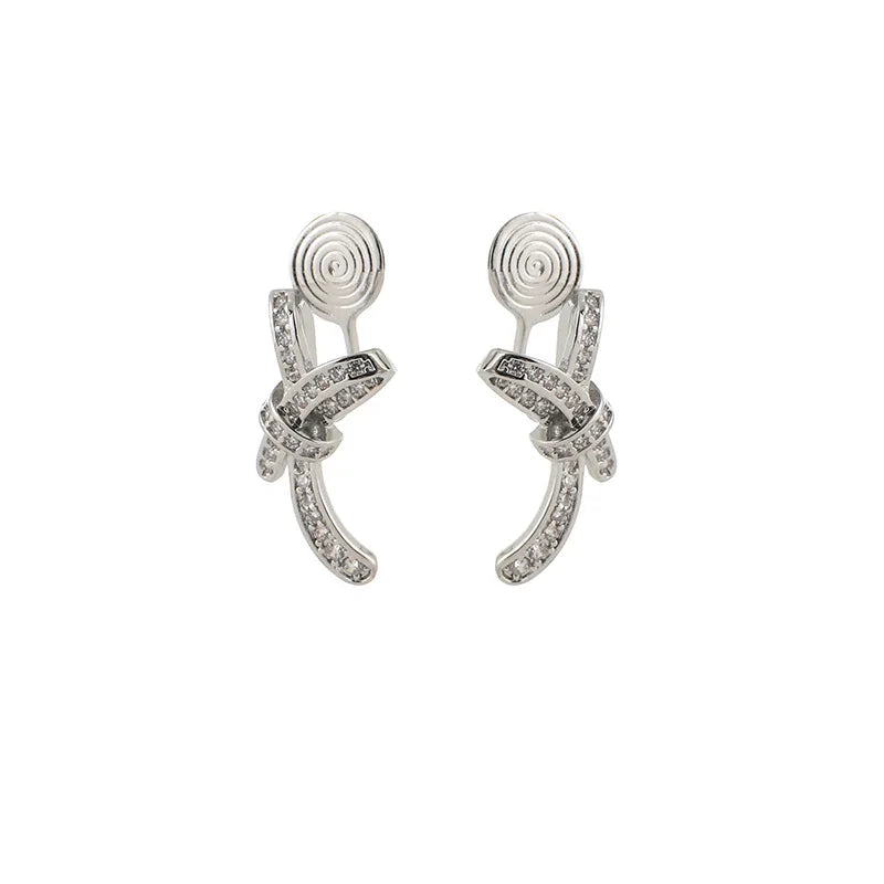 Elegant Micro Paved Zircon Bowknot Coil Stud & Clip On No Piercing Luxury Alloy Earrings