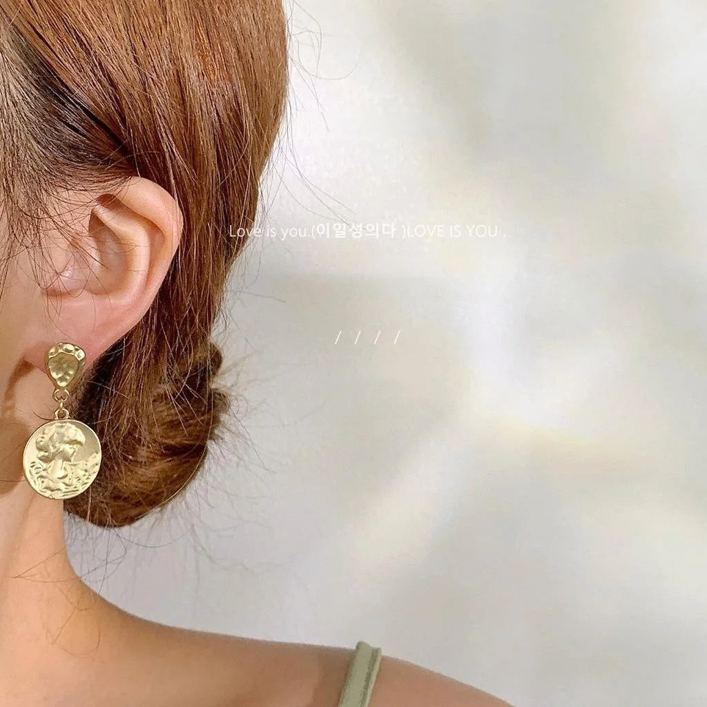 French Vintage Matte Metal Asymmetric Portrait Stud Earrings Geometric Round Designer Style